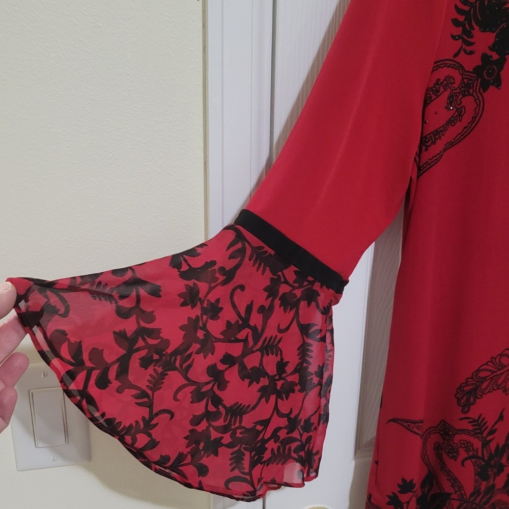 JM Collection Red Black Floral Paisley Bell Sleeve Tunic Top XL Crisscross Neck - Picture 4 of 7